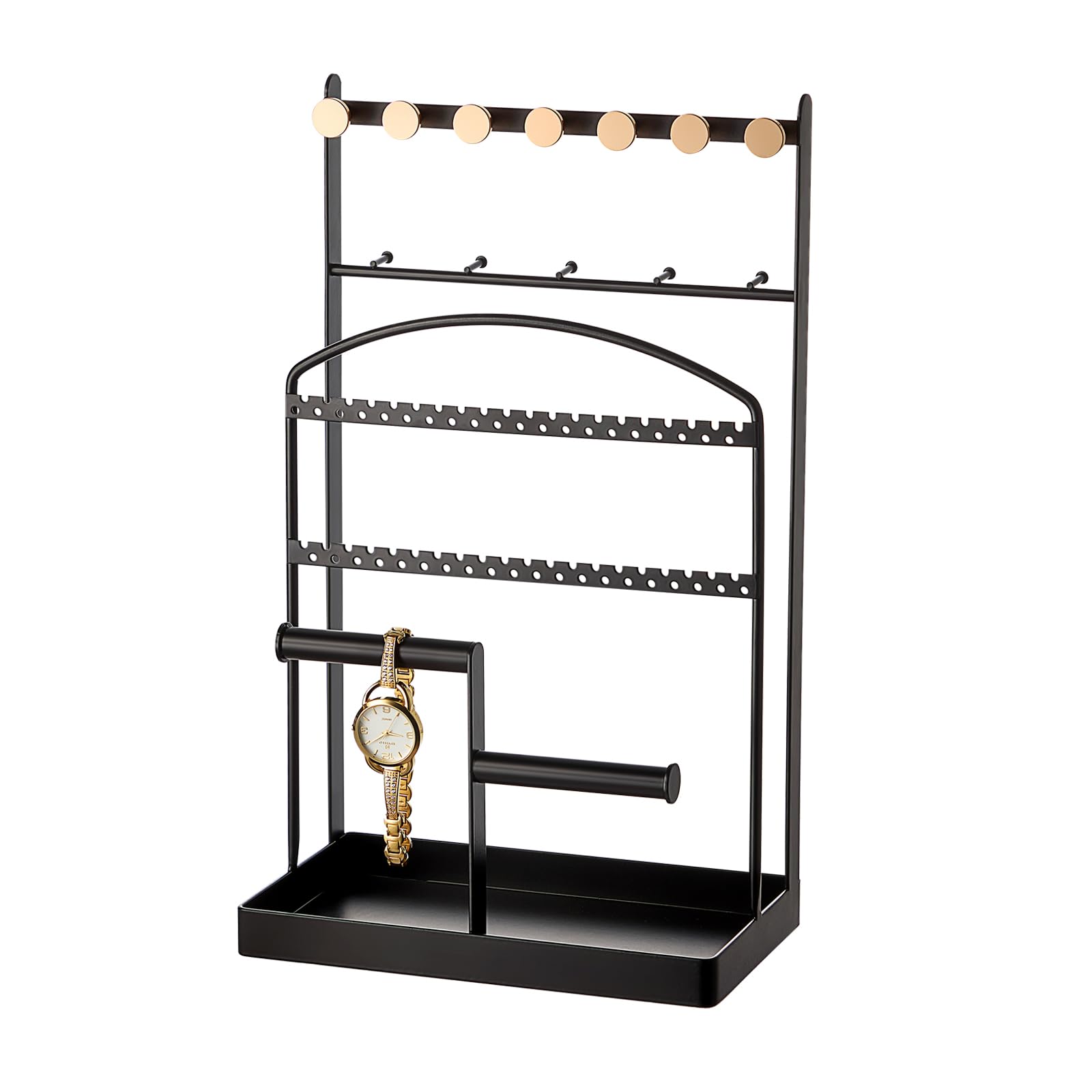NUOKING Jewelry Holder Sturdy Metal 6-Tier Jewelry Storage Stand for Necklaces, Earrings, Rings, Bracelets, Jewelry Display Organizer Rack with Container Tray - Back