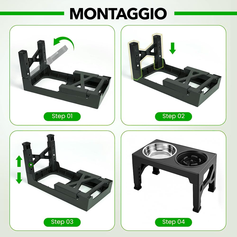 Ciotole per Cani Rialzate Regolabili – Set 3 con 1 Ciotola Acciaio Inox + 1 Ciotola Anti Ingozzo in Plastica – Supporto Antiscivolo per Cani di Taglia Media e Grande