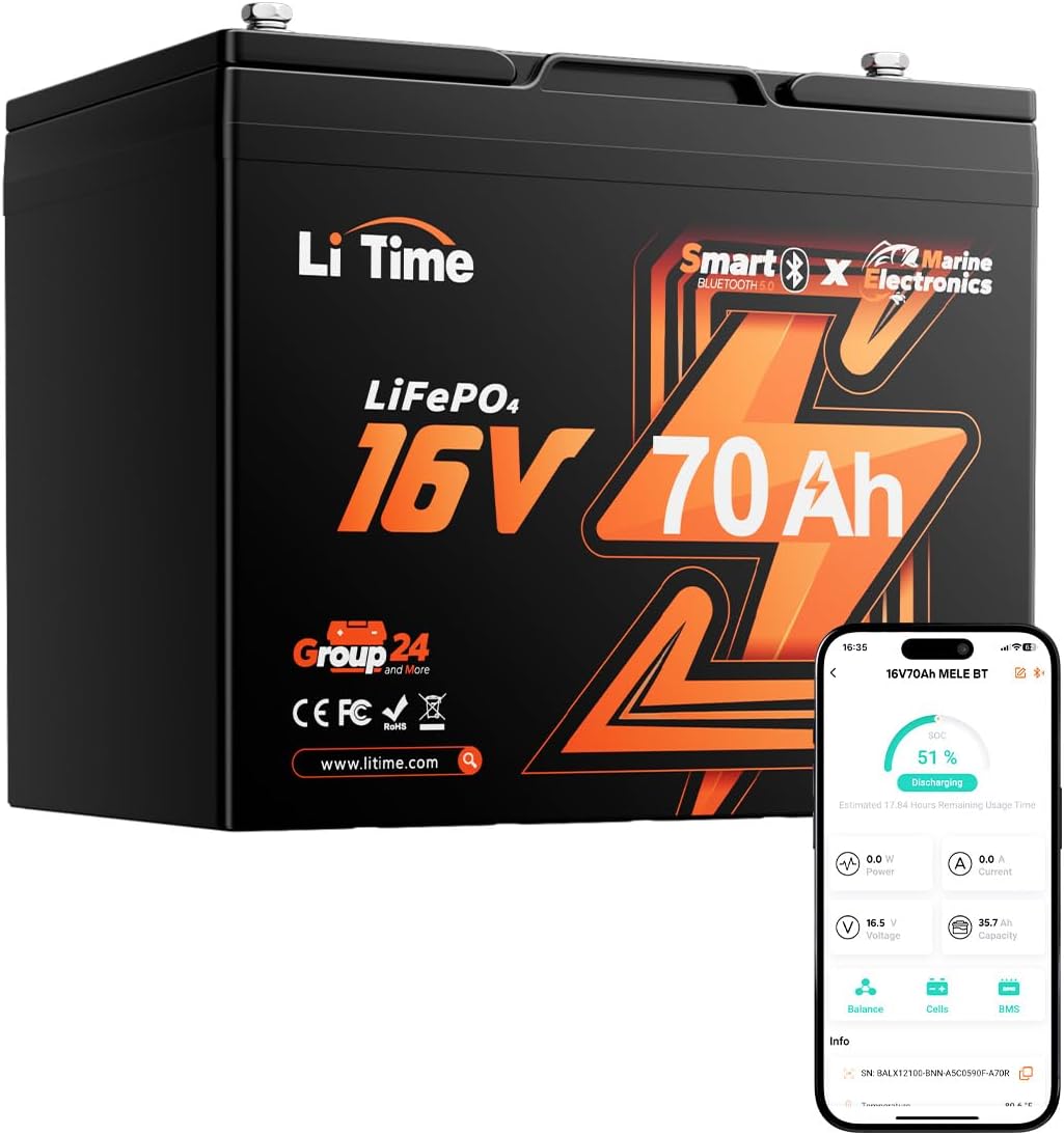 LiTime 16V 70Ah LiFePO4 Lithium Fish Finder Battery, Bluetooth 5.0, Low-temp Cut off for Ice Fishing | Compatible with Garmin, Lowrance, Humminbird Fish finders, Sonar, Radar