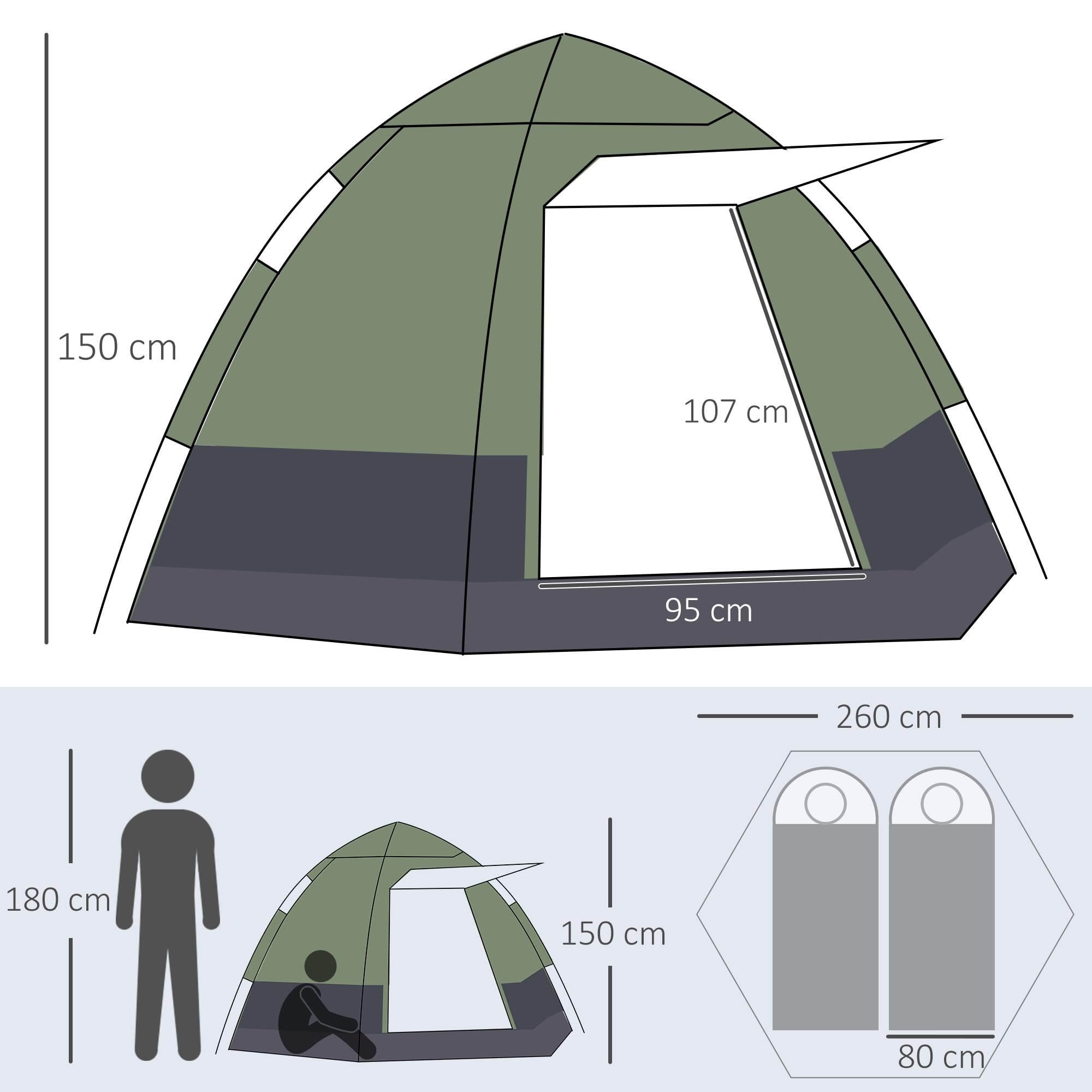 Outsunny Tente Pop up Montage instantané - Tente de Camping 3-4 pers. - 2 Grandes Portes - dim. 2,6L x 2,6l x 1,5H m Fibre Verre Polyester Oxford