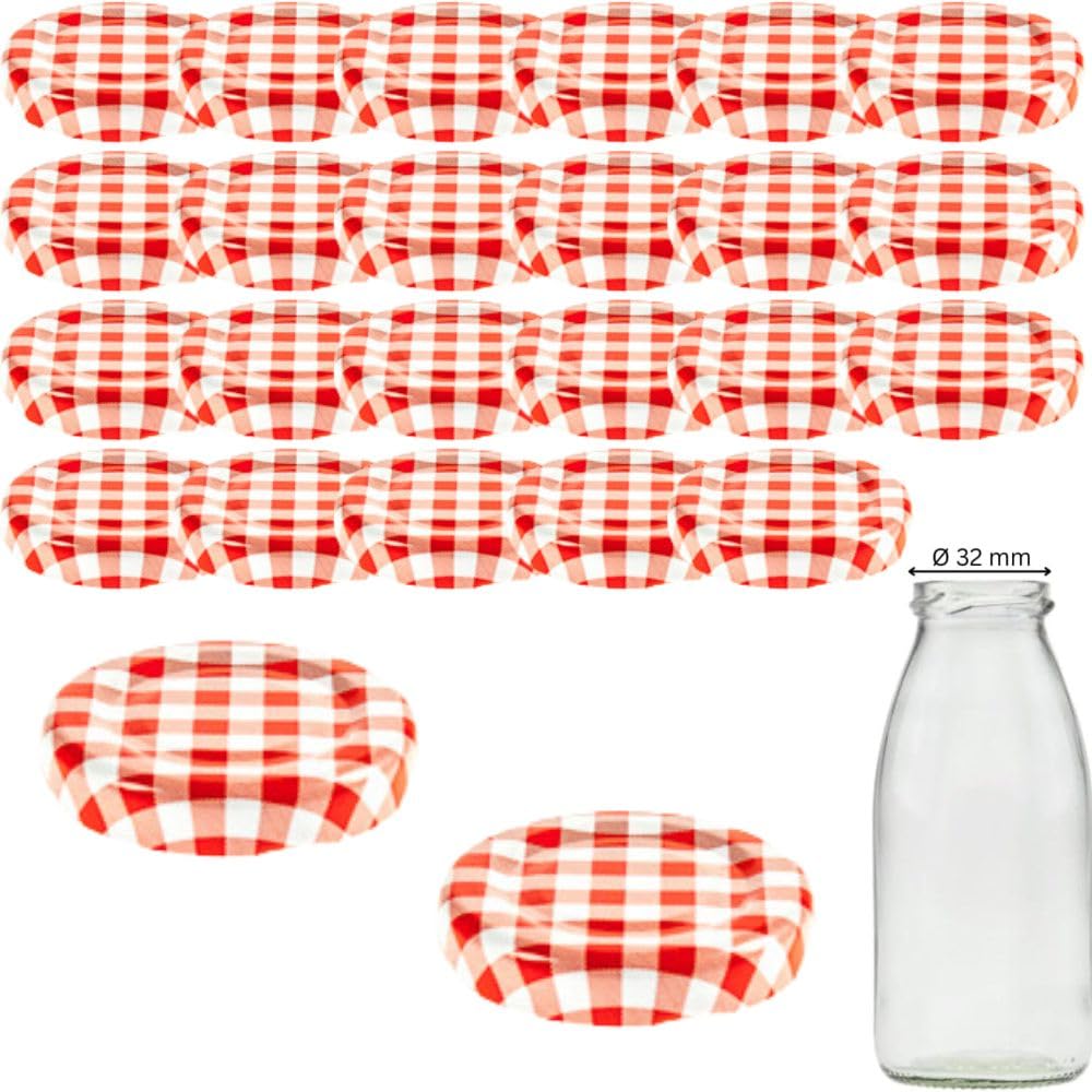 mikken TO43 25 Lids 4.5 cm for Glass Bottles Twist-Off Replacement Lid Screw Cap for Milk Bottles and Juice Bottles Colour Red White Checked