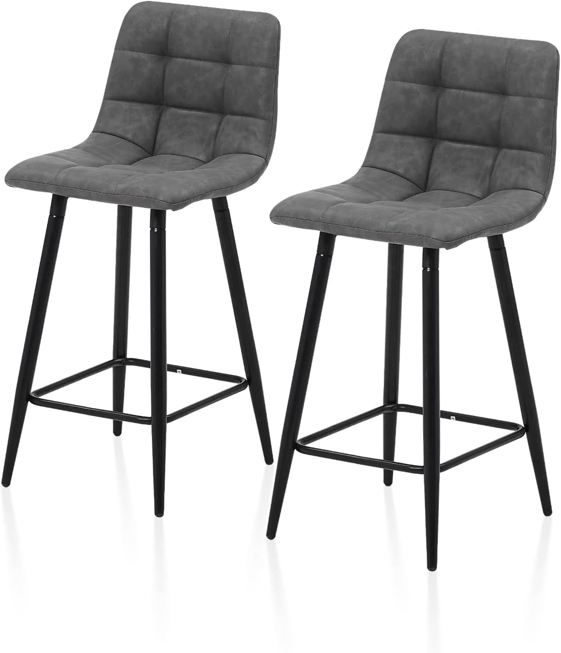 TUKAILAi Grey Kitchen Bar Stools Set of 2 Faux Leather Upholstered Seat