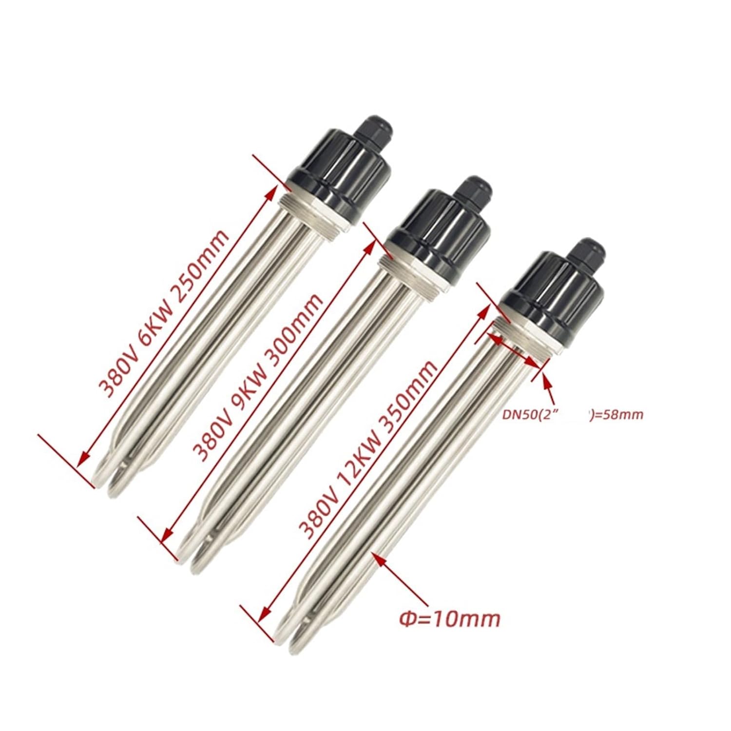 DN50 Water Heater 10mm Tube SUS304 Immersion Heating Element 3KW/6KW/9KW/12KW 1Pcs(380V,9KW 300mm)