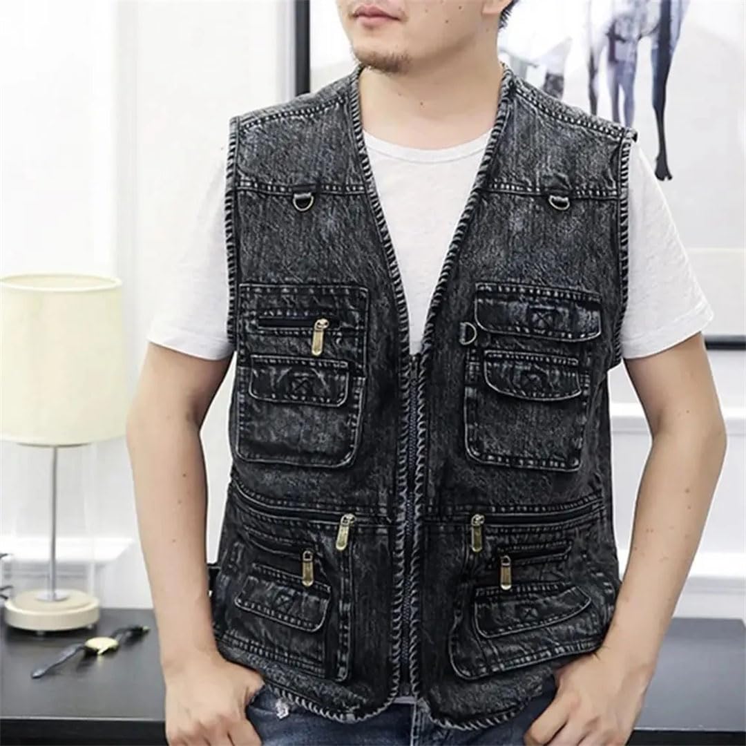 Gilet da uomo in denim di cotone solido Multi-tasca sciolto giacca senza maniche maschio escursionismo pesca gilet da viaggio Plus Size
