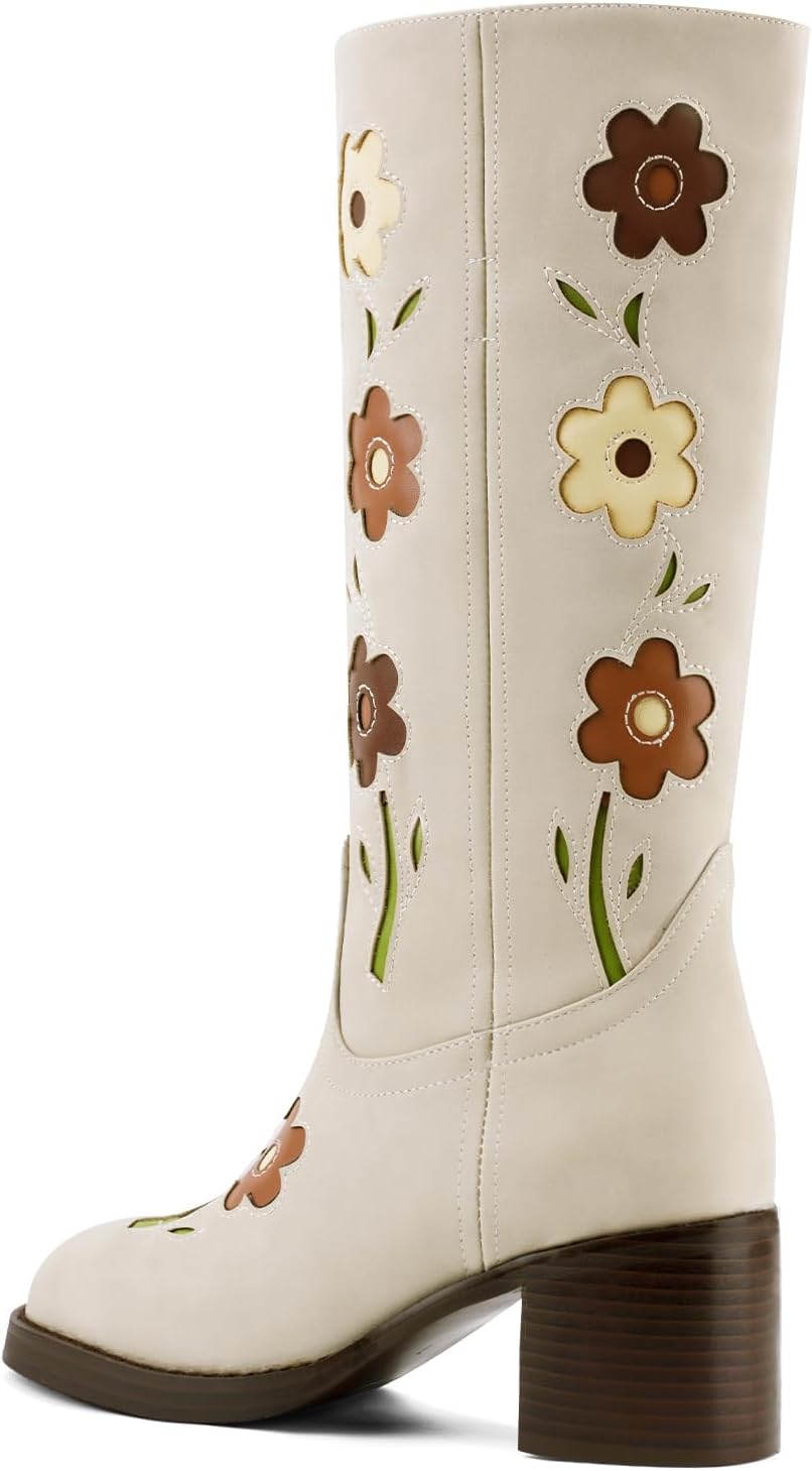 Women's Knee High Boots Square Toe Chunky Block Heel Tall Boots for Women Comfortable Casual Low Heel Trendy Stylish Flower Booties