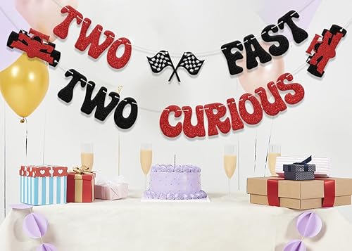 Miniatura 7 de Cartel de Two Fast Two Curious, decoración de segundo cumpleaños de niño para carreras de segunda fiesta, suministros de fiesta de auto de carreras