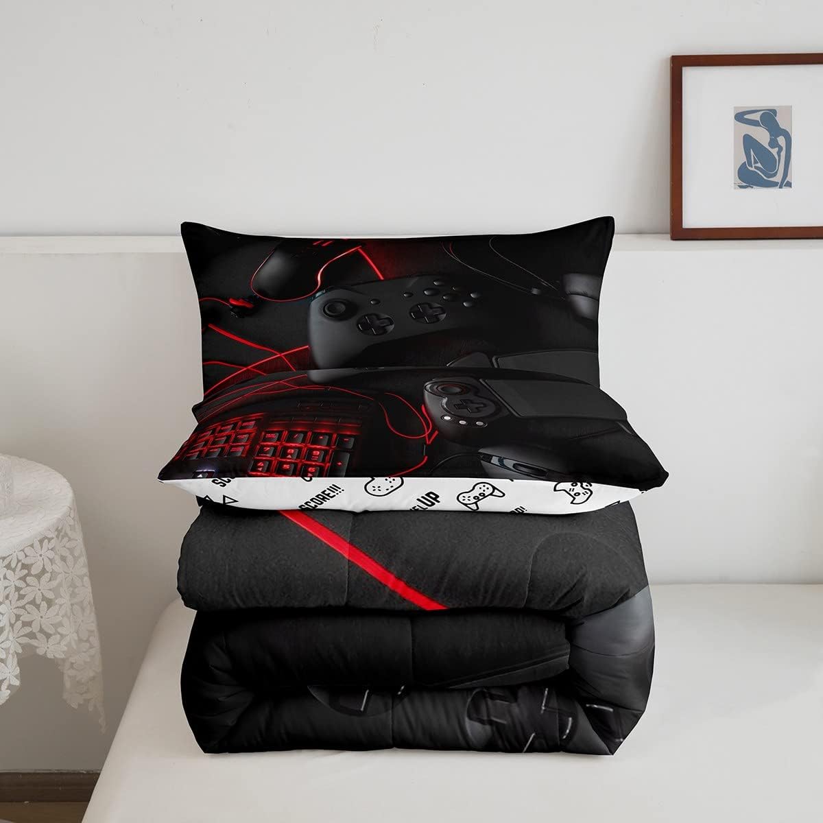 Feelyou Gamer Comforter Set for Boys Teens Kids Game Headphones Keyboard Mouse Gamepad Duvet Cover Full Size Black Red Gaming Bedding Set Game Peripherals Decor Quilted Duvet Set with 2 Pillow Shams