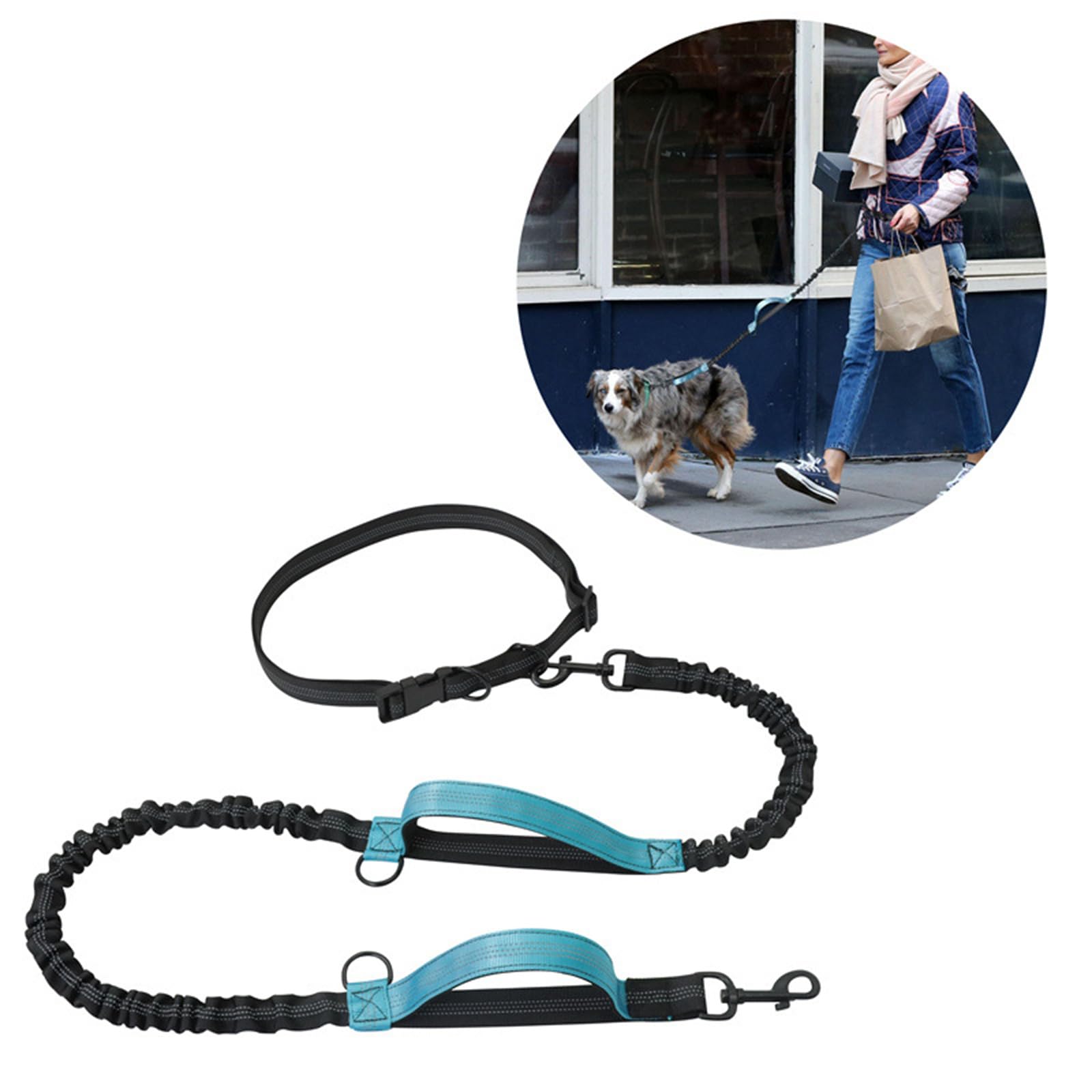 Hands Free Dog Leash, Adjustable Waist Leash with Dual Safety Handle and 360° Swivel Clip for Walking Running