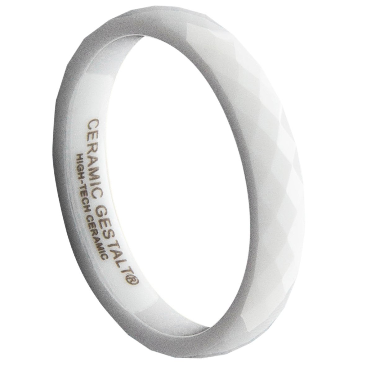 White Ceramic Ring 4mm Width. Faceted Design.