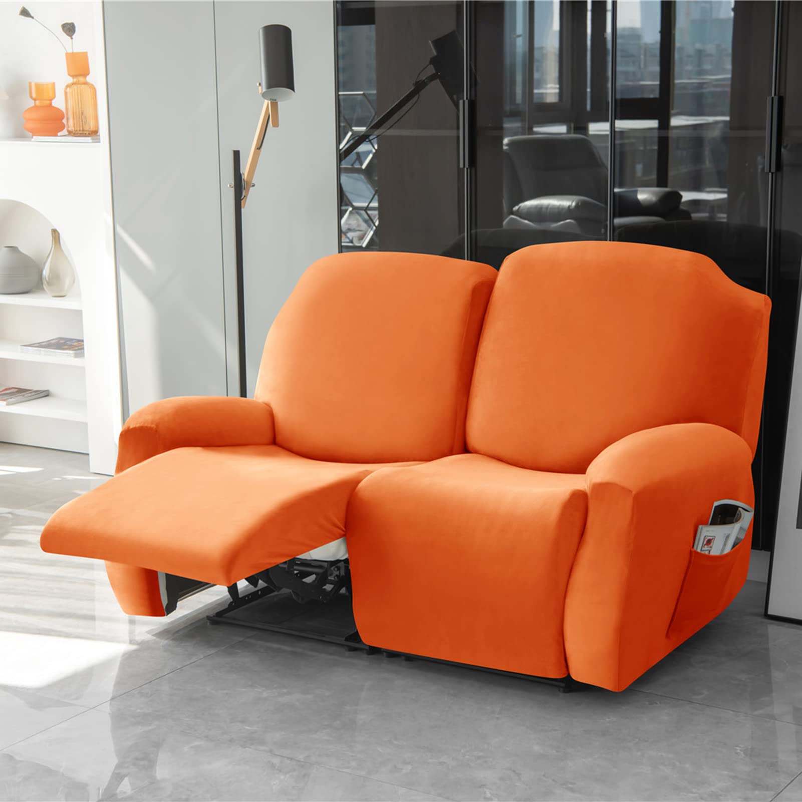 Funda de Terciopelo for sillón Relax de 2 plazas, Funda elástica for sillón reclinable, 6 Piezas,sofá, sofá, Protector de Muebles Sala de Estar(Orange)