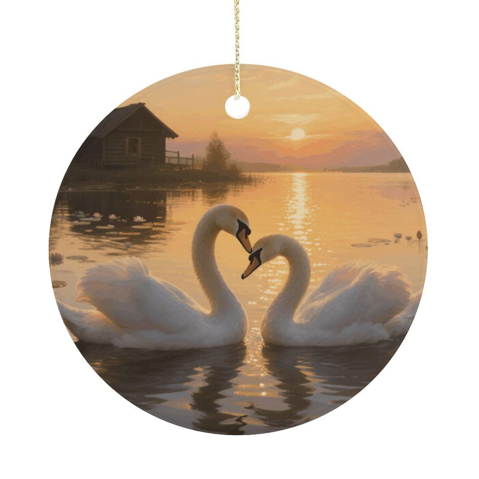 Personalized Christmas Ornaments 2025 Ceramic Hanging Sunset Couple Swans Lake Ornaments with Gold String Double-Sided Vintage Holiday Decorations for Tree Mantel Tabletop Xmas Party Favors