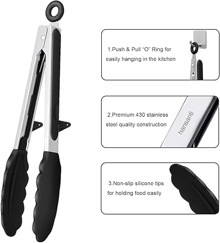 Miniatura 6 de Juego de 4 pinzas de cocina de silicona, antiadherentes de acero inoxidable con puntas de silicona sin BPA para servir pasta, espagueti, bistec,