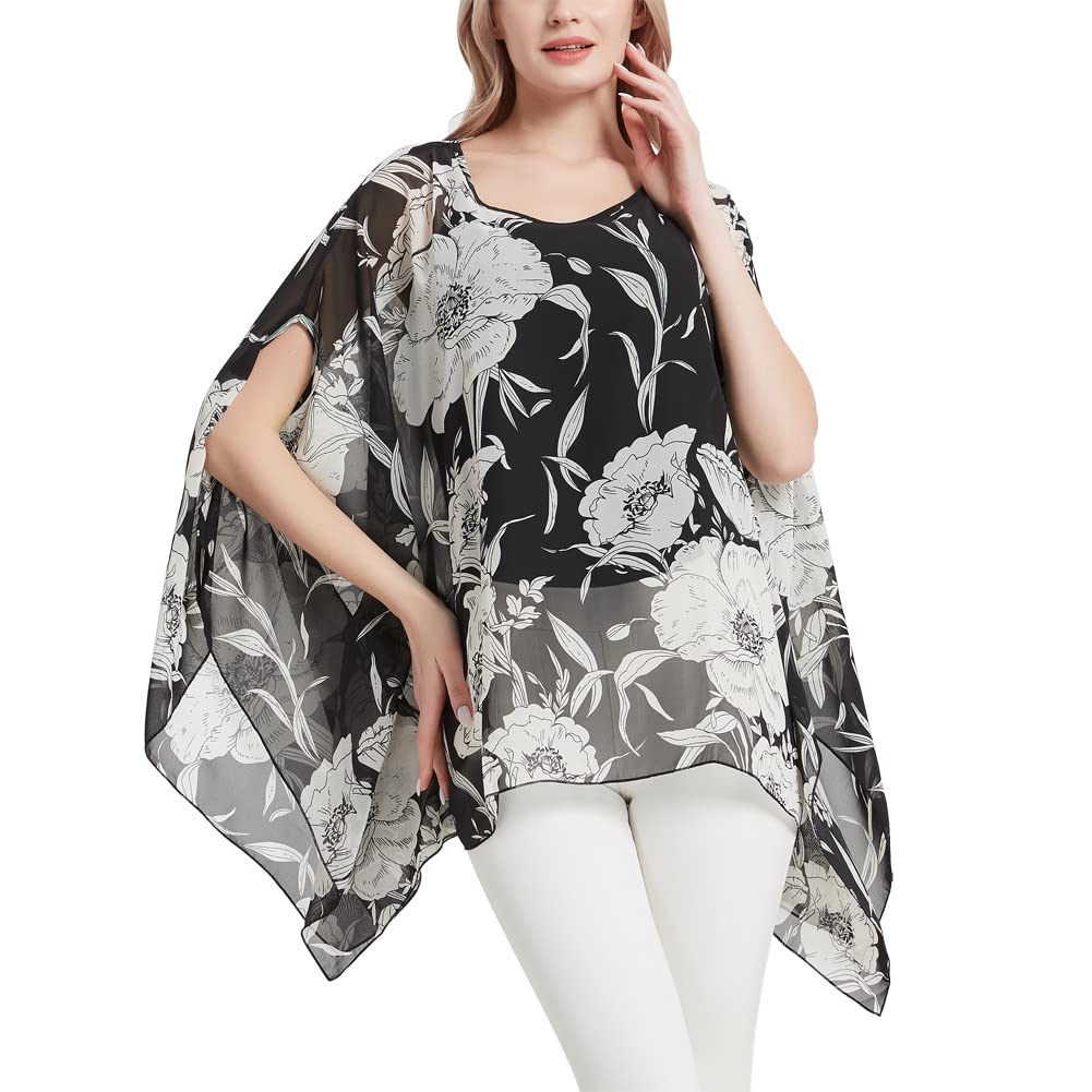 CuteSwan Lagenlook - Blusa de gasa para mujer, estilo caftán, manga murciélago, estilo bohemio, holgada, floral, túnica