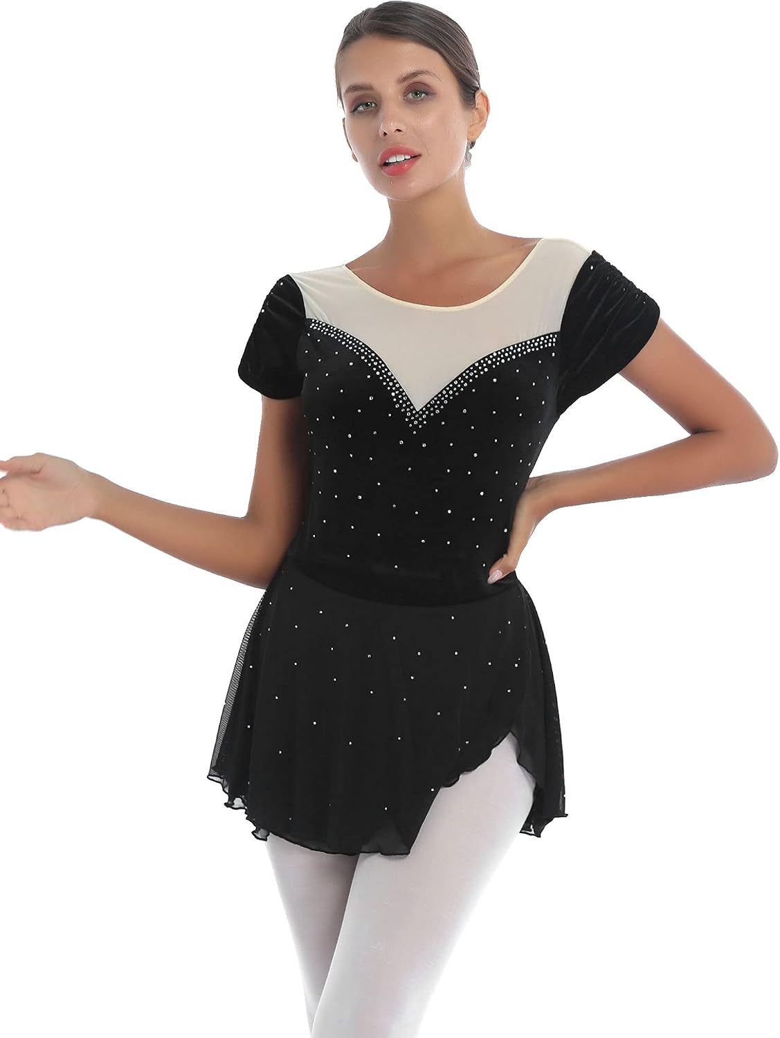 Women Velvet Mesh Skirt Ice Figure Skating Dress Rhythmic Gymnastics Leotard Performance Dress