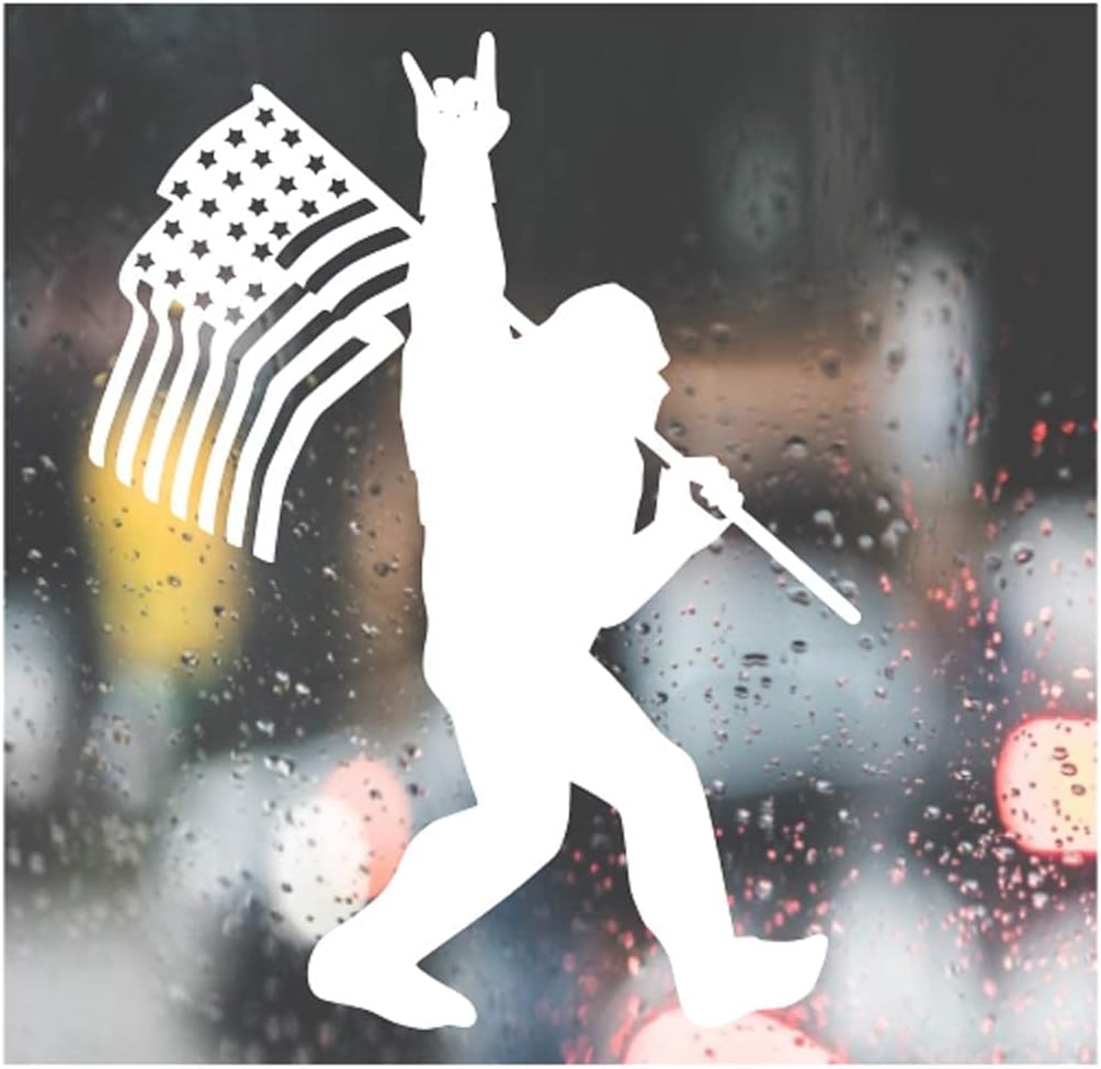 WSQ Sasquatch Bigfoot Rock On American Flag Vinyl Sticker Decal 5x4