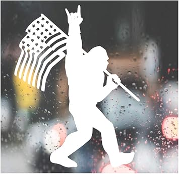 WSQ Sasquatch Bigfoot Rock On American Flag Vinyl Sticker Decal - 5x4 Inches - for Car Truck SUV Van Window Bumper Wall Laptop Tablet Cup Tumbler and Any Smooth Surface