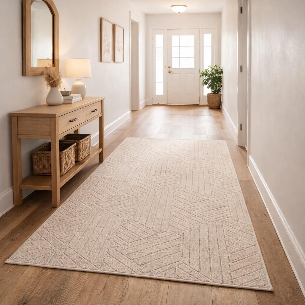 Handmade Wool Area Rug, Hand Tufted Beige Geometric Carpet for Living Room, Bedroom & Dining 7x10, 6x9, 8x10, 9x12 Sizes