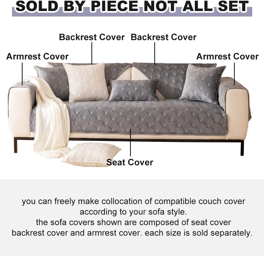 vctops Super Soft Velvet Quilted Sofa Couch Covers Non-Slip Sectional Couch Cover Leaf Pattern Plush Sofa Slipcover Furniture Protector for Pets Kids Children Dog Cat (Grey B,28"x70")