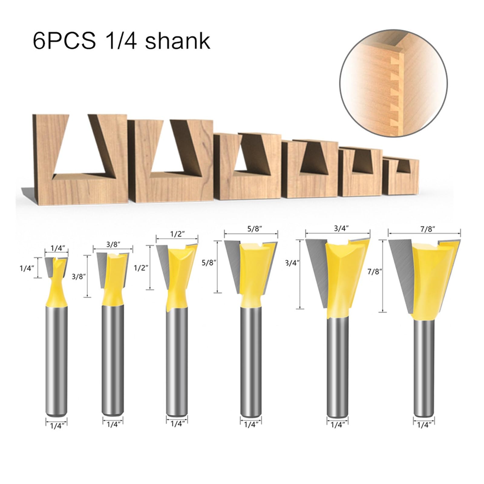 1 pc/6 sztuk lub 6 sztuk 6mm Shank 1/4 zestaw do frezowania jaskółczego ogona 3/8 ''1/2'' 5/8 ''3/4 ''narzędzia do obróbki drewna grawerowanie do drewna(6pcs 6.35mm ste)