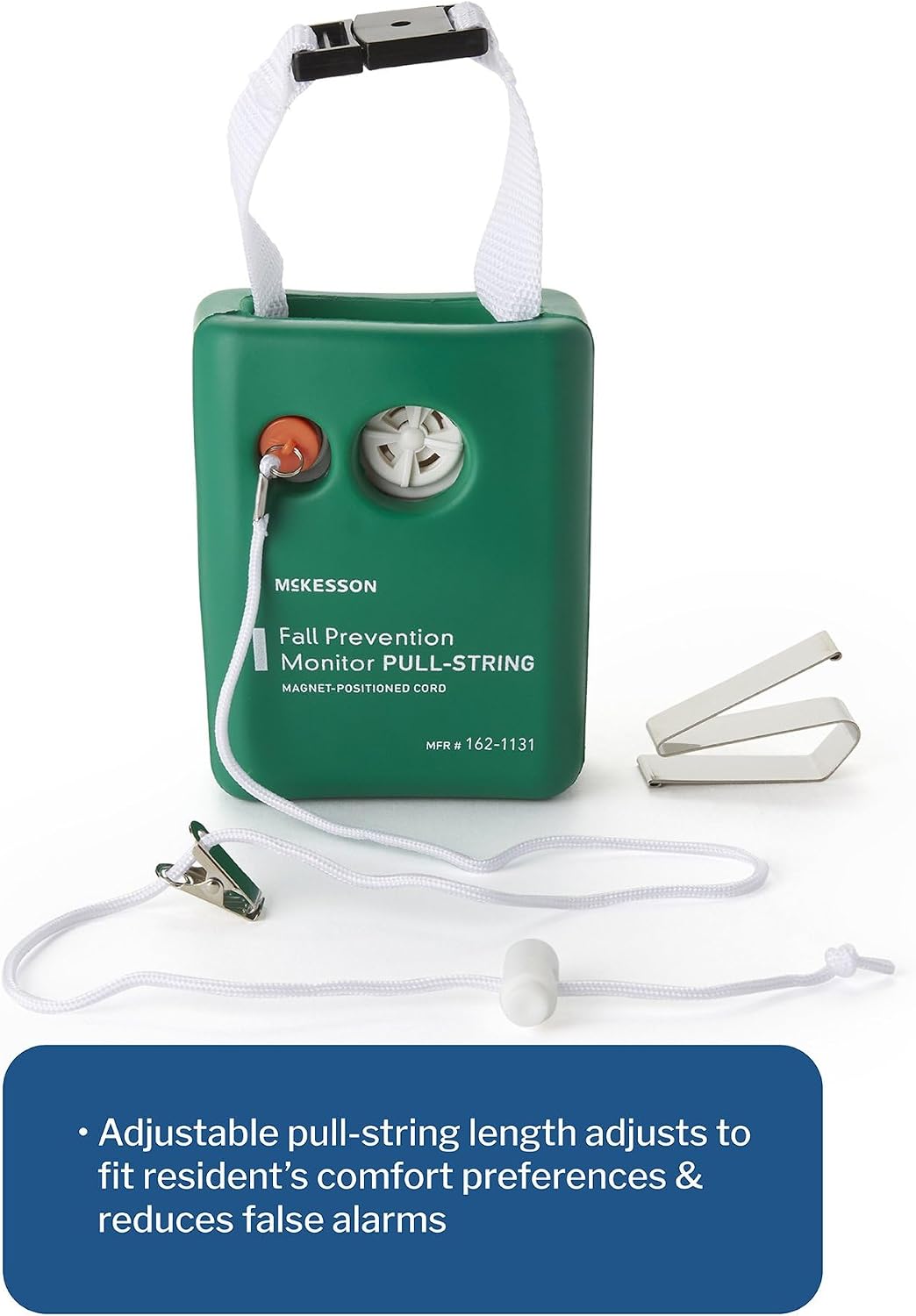 McKesson Fall Prevention Monitor, Pull-String Activation, Impact-Resistant Foam Cover, Adjustable Pull-Cord and Garment Clip, Green, 1 Count