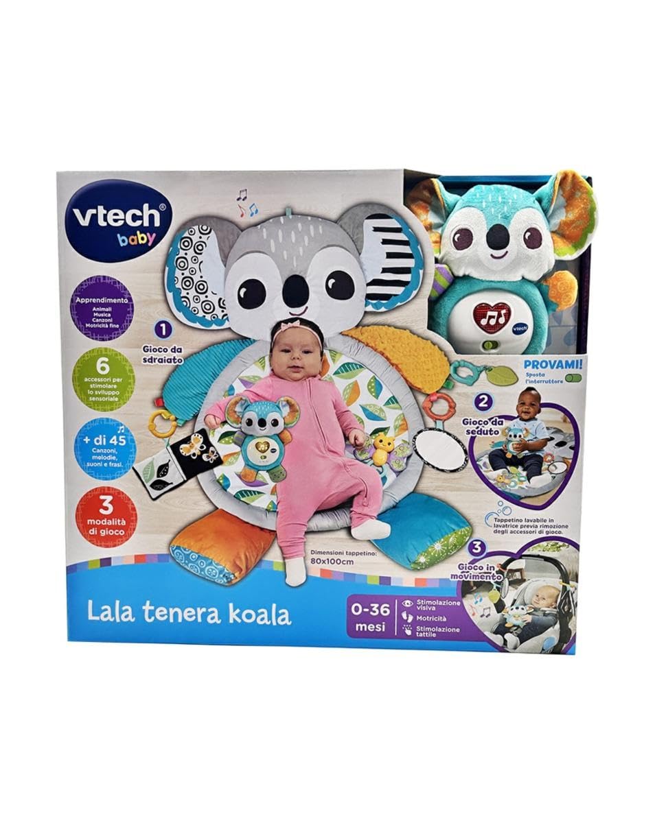 VTech Lala delikatna koala, dywan dla niemowląt, do stymulowania zmysłów, różne materiały i tekstury, świecący przycisk serca, 3 akcesoria, 4 piosenki i 15 melodii, język włoski, baterie w zestawie,