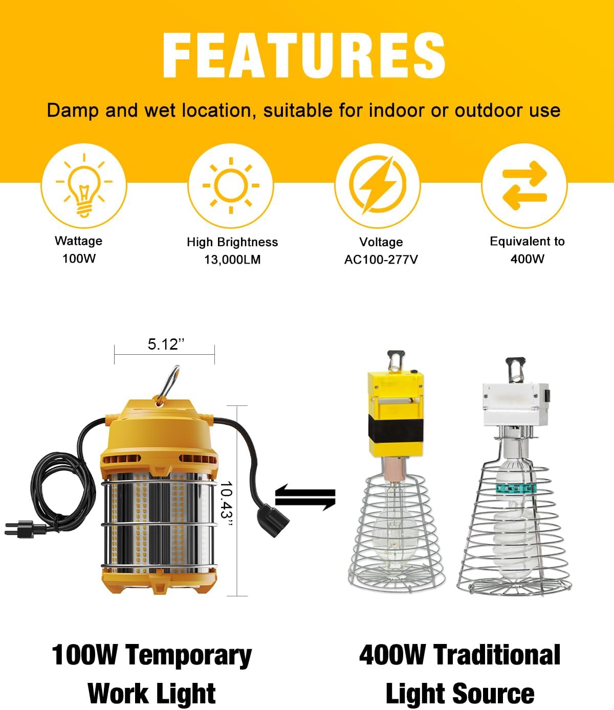 LED Temporary Work Light 100W 5000K 13,000lm, JC-LGL Outdoor Construction Lights Job Site Lighting 10ft Cord Dust Waterproof Hanging Lightin - Image 4