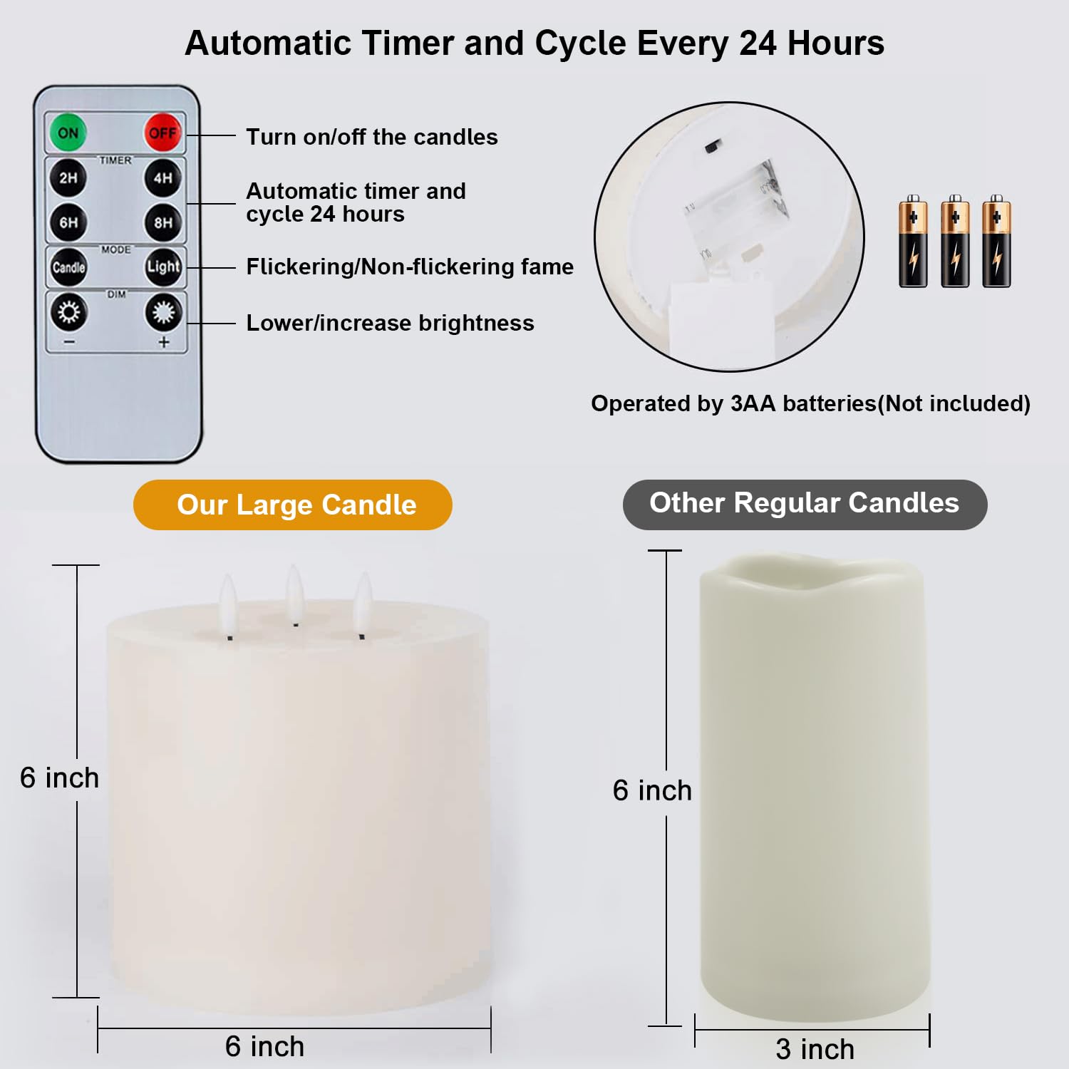 Amagic Velas grandes sin llama de 6 x 6 pulgadas con 3 mechas, velas que funcionan con pilas con control remoto y temporizadores, velas LED de 6 pulgadas de diámetro, cera real, marfil