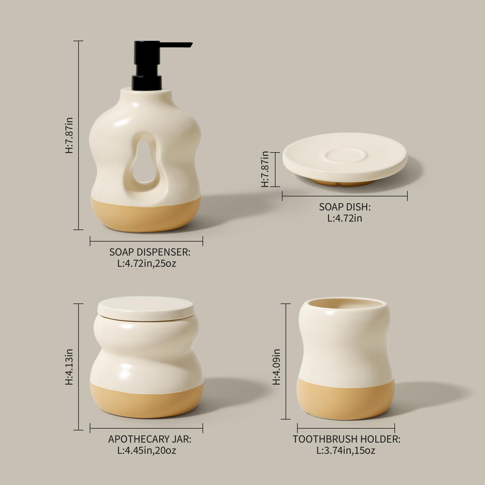 BosilunLife Badezimmer-Zubehör-Set mit 4 Stück, Beige und Orange, Badezimmer-Countetop-Seifenspender-Sets, Zahnbürstenhalter und Seifenschale, Apothekerglas