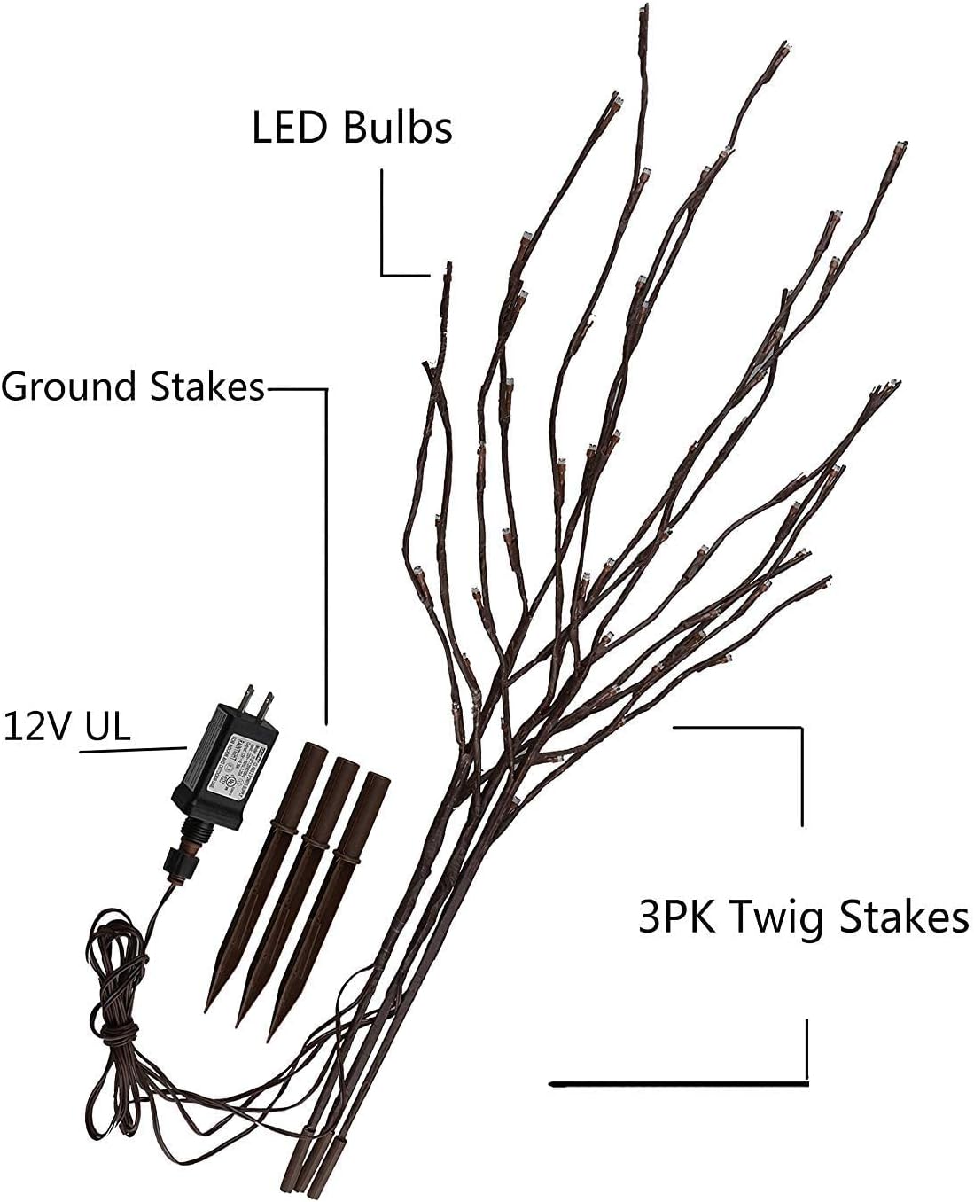 Vanthylit 3PK 30" Brown Lighted Twig Branches Pathway Light 60 LED Warm White Bulbs for Outdoor and Indoor