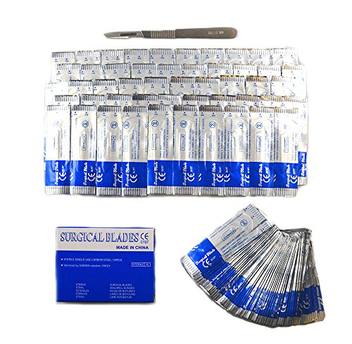 Scalpel Blades #22 Includes #4 Metal Handle â€“ Suitable for Dermaplaning, Crafts, Medical/Surgical Instruments/Equipment Pack of 100