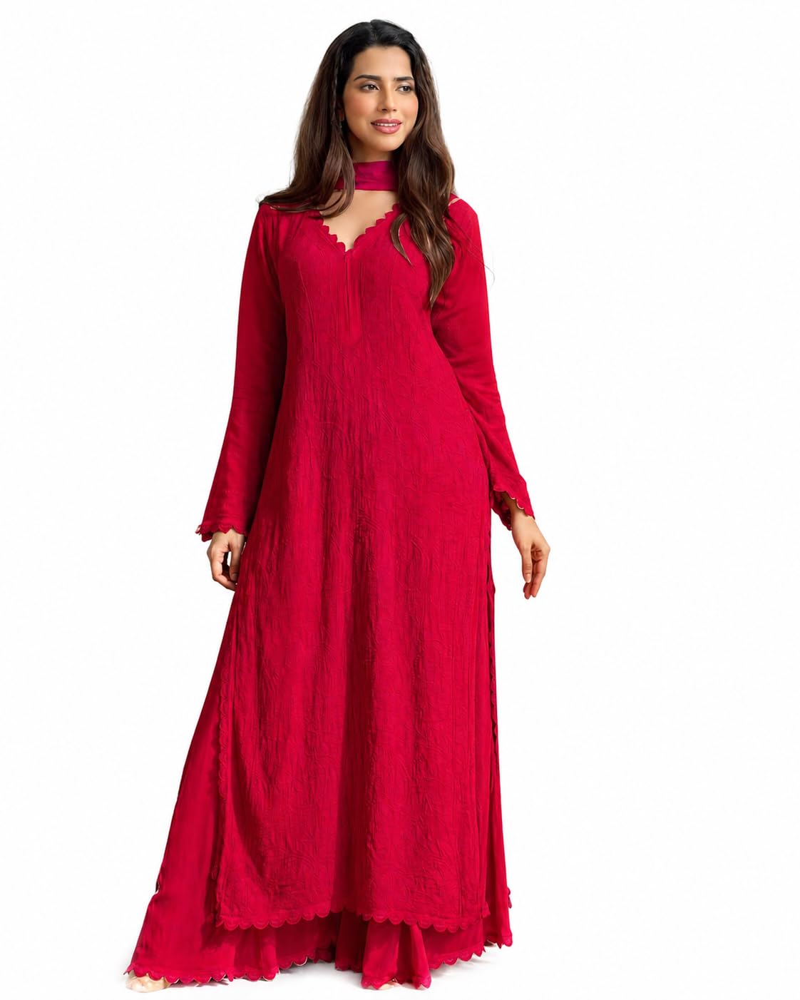 anagh apparels Women’s Red Chikankari Embroidered 3 Piece Suit Set in Faux Georgette – Long Gown Style Kurta with Lining, Embroidered Dupatta-picture-53