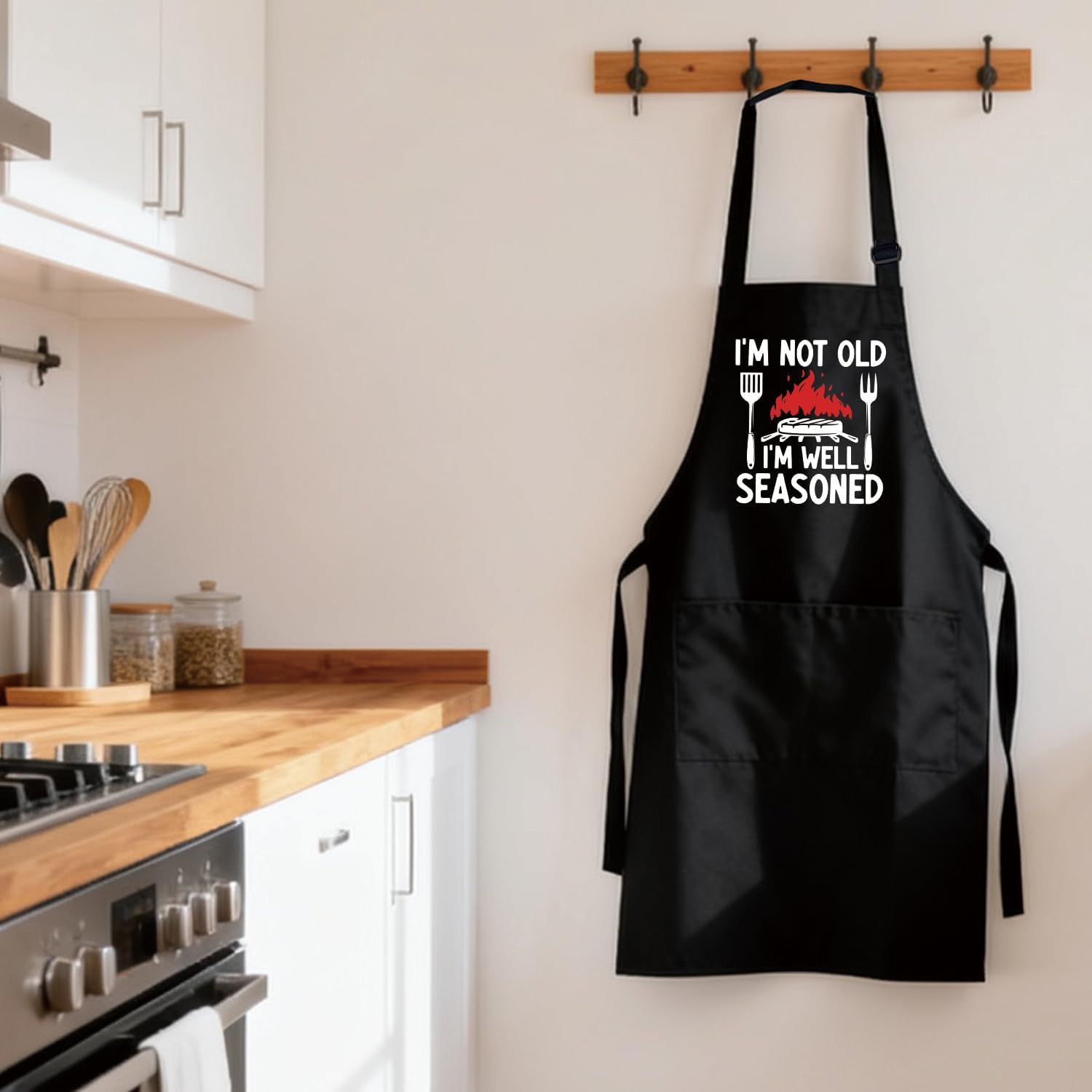 Funny Cooking Aprons Gifts - I'm Not Old I'm Well Seasoned - Men's BBQ Grilling Black Aprons with 2 Pockets, Adjustable Neck Strap - Humor Chef Gifts for Men, Dad, Husband, Cooking Lovers - Image 4
