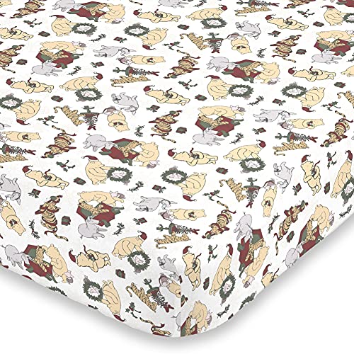 Image of Disney Winnie The Pooh - Classic Pooh Tan and Green, Eeyore, Tigger and Piglet Super Soft Holiday Fitted Mini Crib Sheet