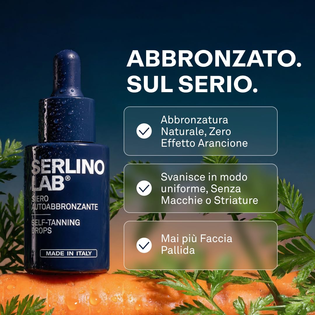 SERLINO LAB Gocce Autoabbronzanti 30 ml, siero abbronzante, Abbronzatura naturale senza sole con DHA + Eritrulosio, Aloe Vera e Acido Ialuronico, Durata 3‑4 giorni, Made in Italy