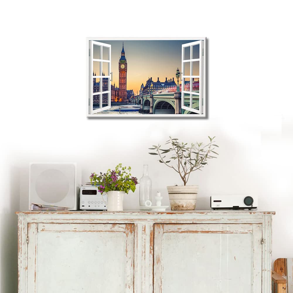 Window View Canvas Wall Art London England Big Ben Natural Scenery Photography Canvas Print Art for Living Room Office Bedroom Dining Room Wall Decor Stretched and Framed Ready to Hang - Image 4
