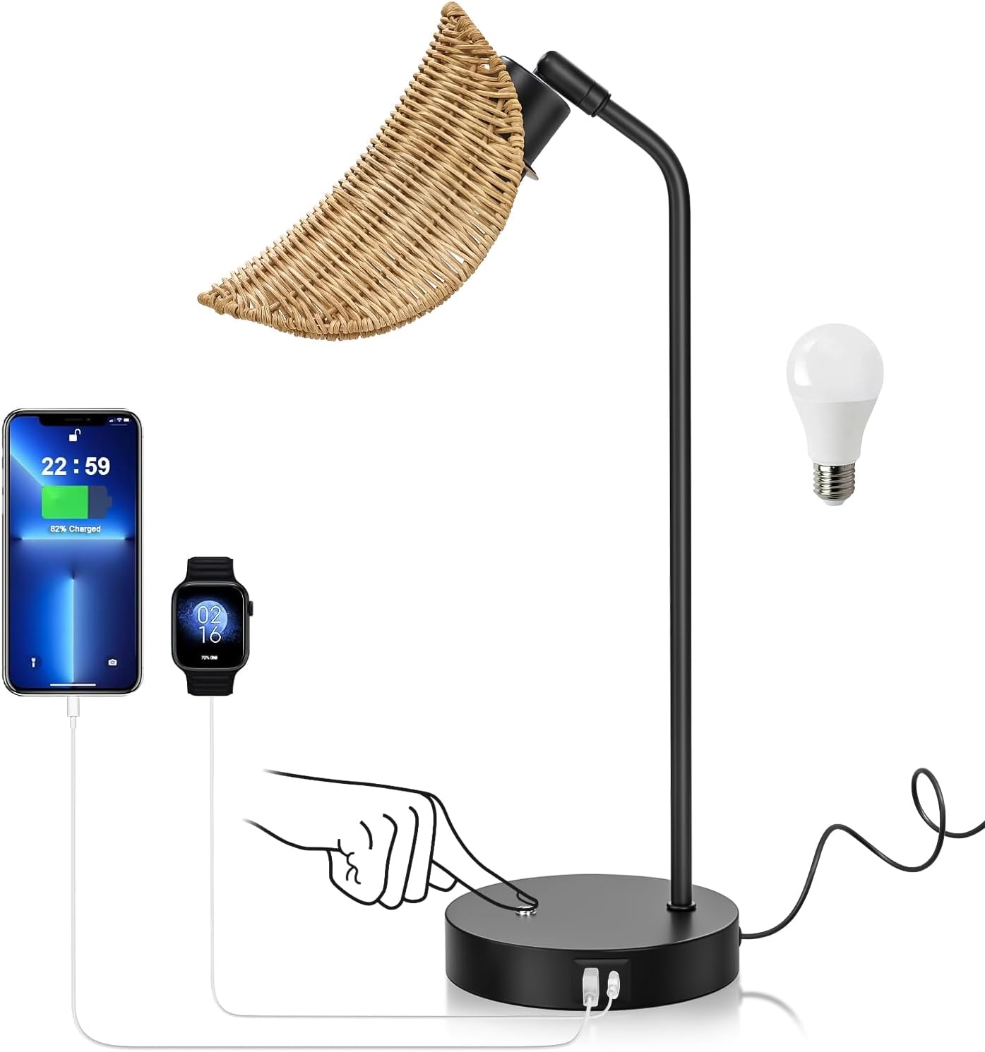 Boho Table Lamp for Bedroom, Dimmable Touch Light, Vintage Metal Bedside Lamp Nightstand Reading Lamp with Rattan Shade for Farmhouse Living Room Home Office, Includes E26 Bulb & 2 USB Ports Black