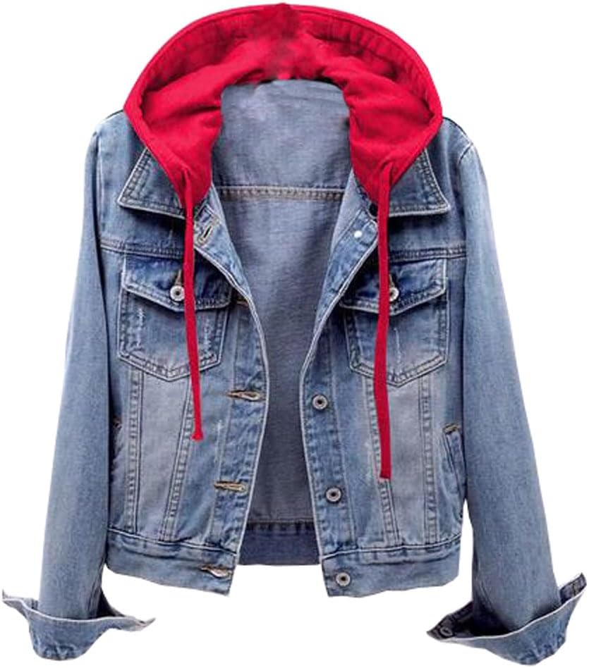 Women's denim long-sleeved Jackets slim-fit Detachable Hoodie Jean Jacket Coats Top