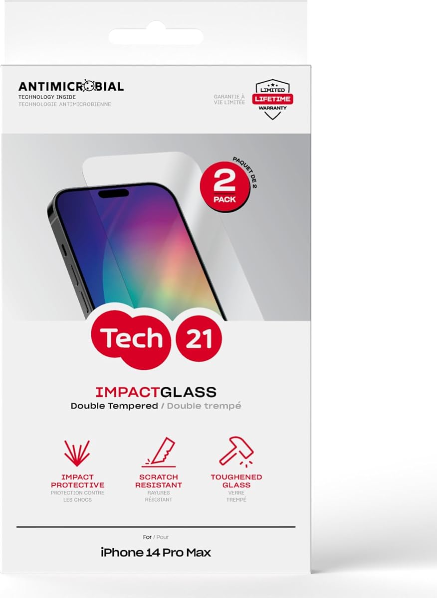 Protector de pantalla Tech21 Impact Glass para iPhone 14 Pro Max - Paquete de 2