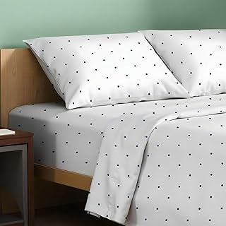 TEXAS LINEN CO. 100% Organic Cotton Printed Sheets Full Size - 4 PC Organic Cotton Percale Sheets Full Set (Polka Dot - Navy), Cooling & Breathable Sheet, 16" Deep Pocket - GOTS Certified