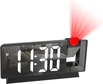 LOFICOPER Projection Alarm Clock, 7.8" Mirror Digital Clock with 180 Rotatable Projector, 4-Level Brightness, Snooze, 12/24H, USB Charging, Desk Clock for Home Bedroom Decor Office