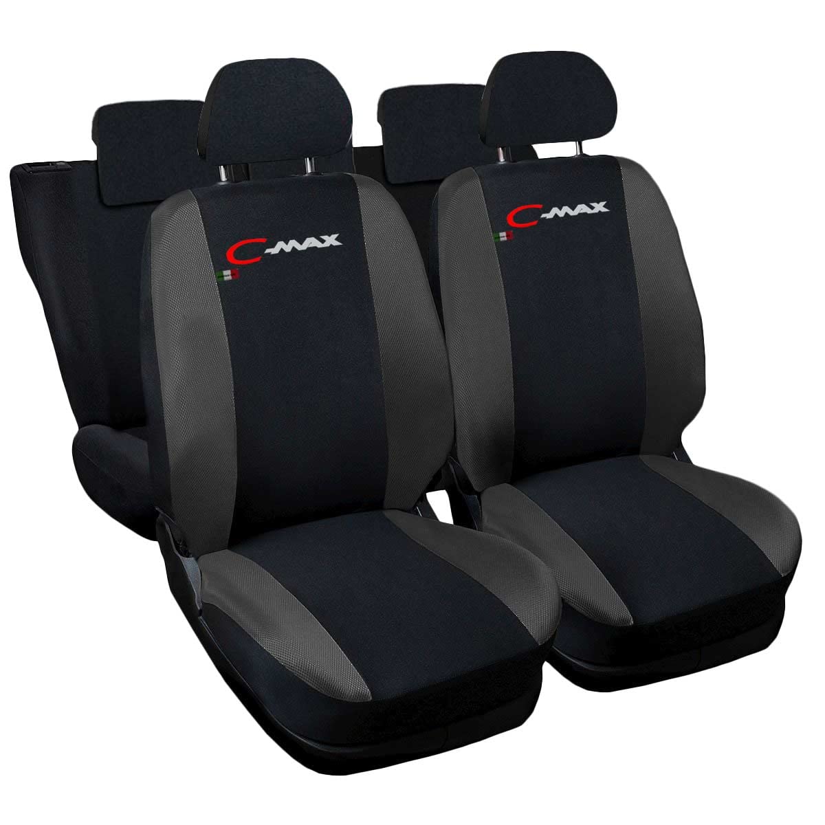 Auto Accessori Lupex Coprisedili Compatibili per C-Max dal 2003 al 2019, Set Anteriori o Completo 12 Pezzi, in Policotone Traspirante MADE IN ITALY (Set Completo Nero - Grigio Scuro)