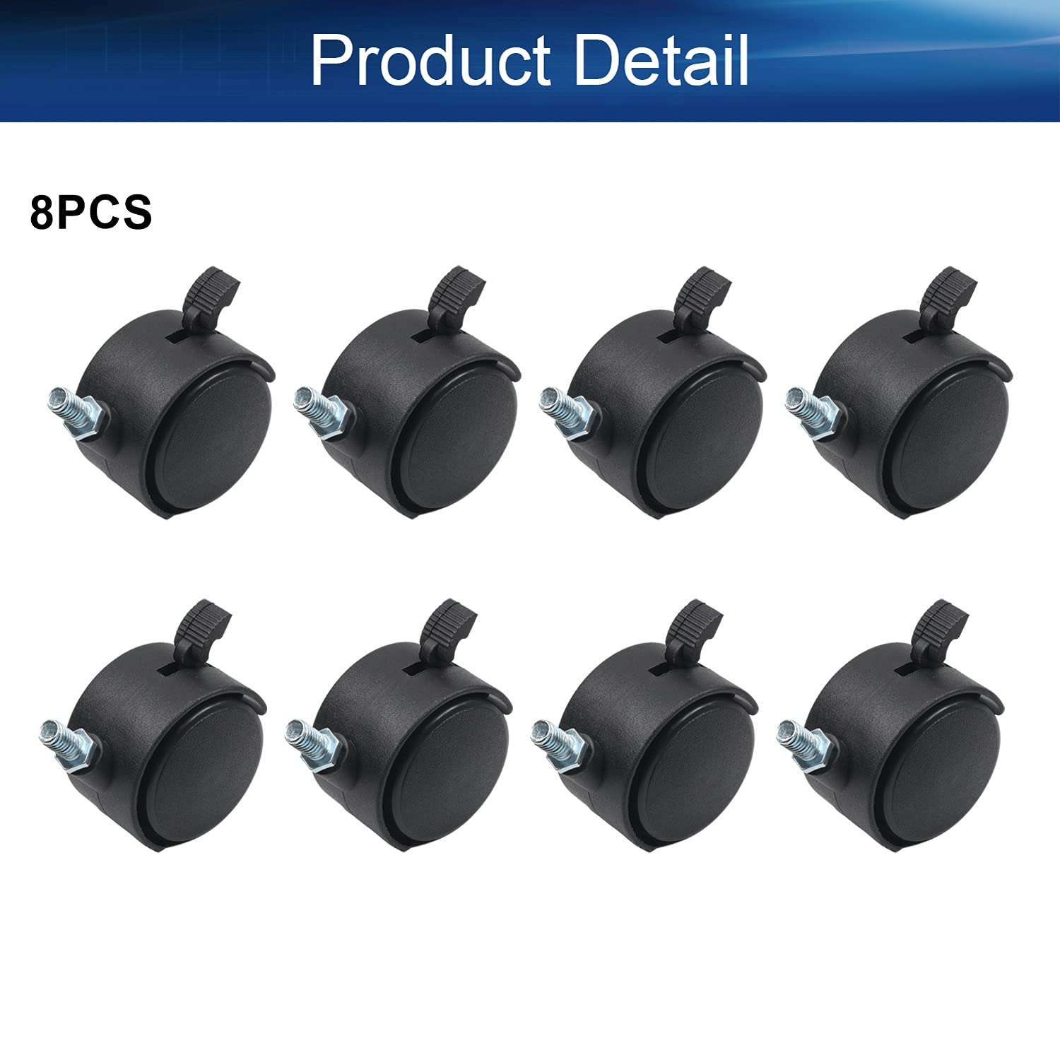 Yinpecly 8 Pack 1.97 inch Caster Swivel Wheels 360 Degree M8 x 13mm Threaded Caster Caster Twin Wheel for Office Chair Commodity Shelf Black Tone with Brake
