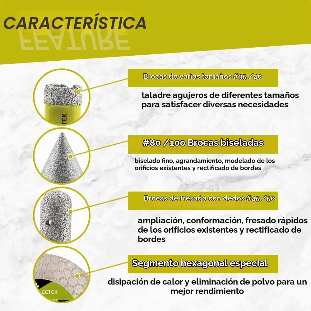 Broca Diamante Porcelanico - Kit de 11 Piezas para Porcelanico, Cerámica, Mármol, Granito y Piedra Artificial