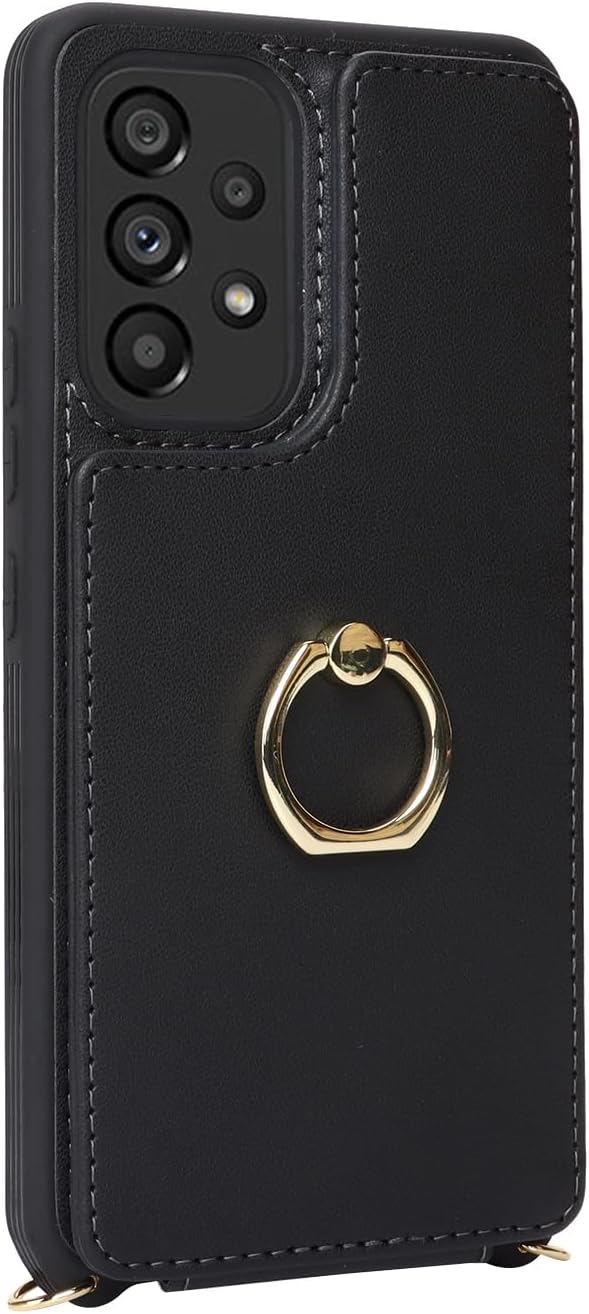 Lipvina for Samsung Galaxy A53 5G Case with Card Holder and Strap for Women,Crossbody Lanyard,RFID Blocking,Ring Stand,Snap Clasp,Phone Wallet Cases 6.5 inch(Black)