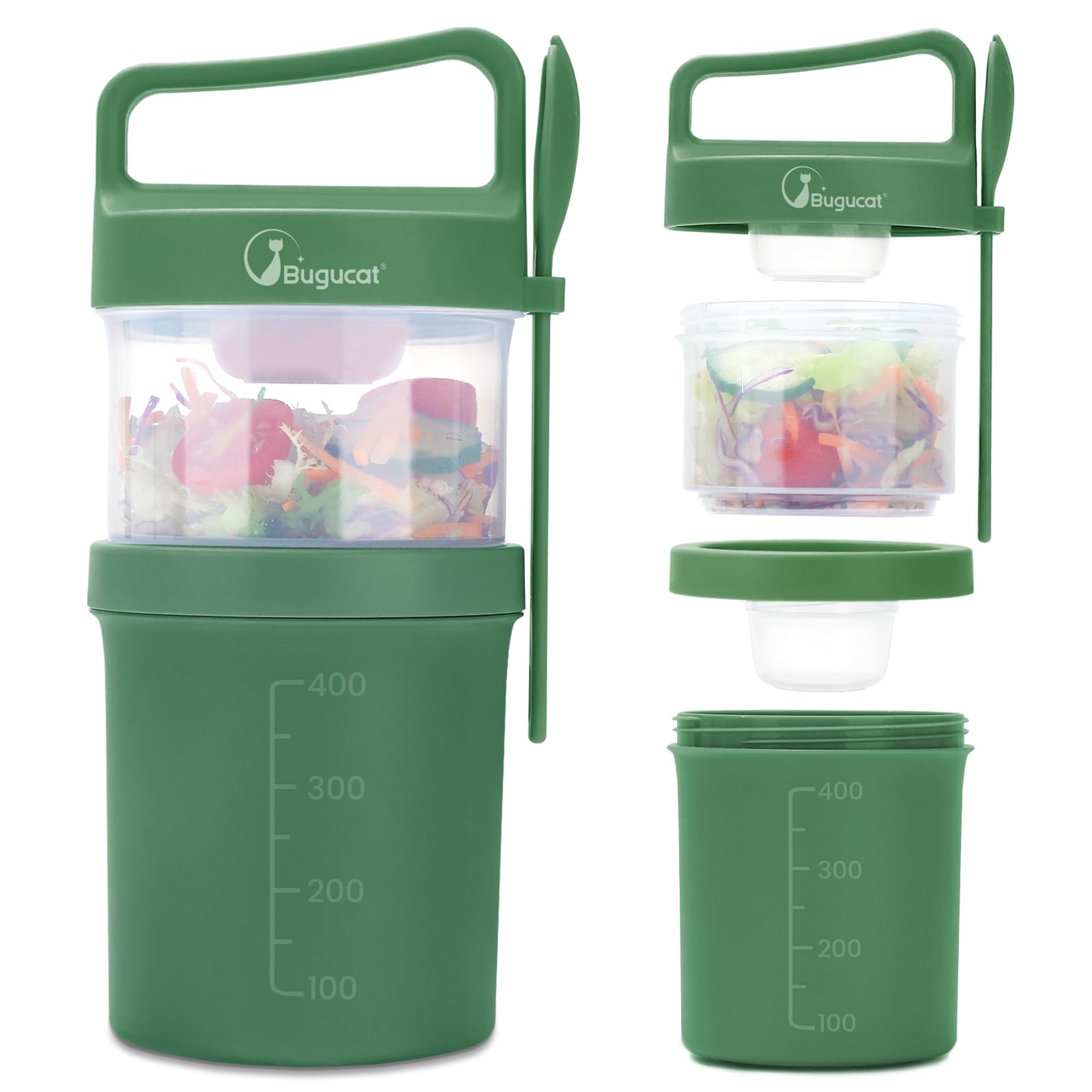 Bugucat Vaso De Yogur Y Cereales To Go 560+360 Ml – Doble Capa Antifugas Con Cuchara – Ideal Para Desayuno