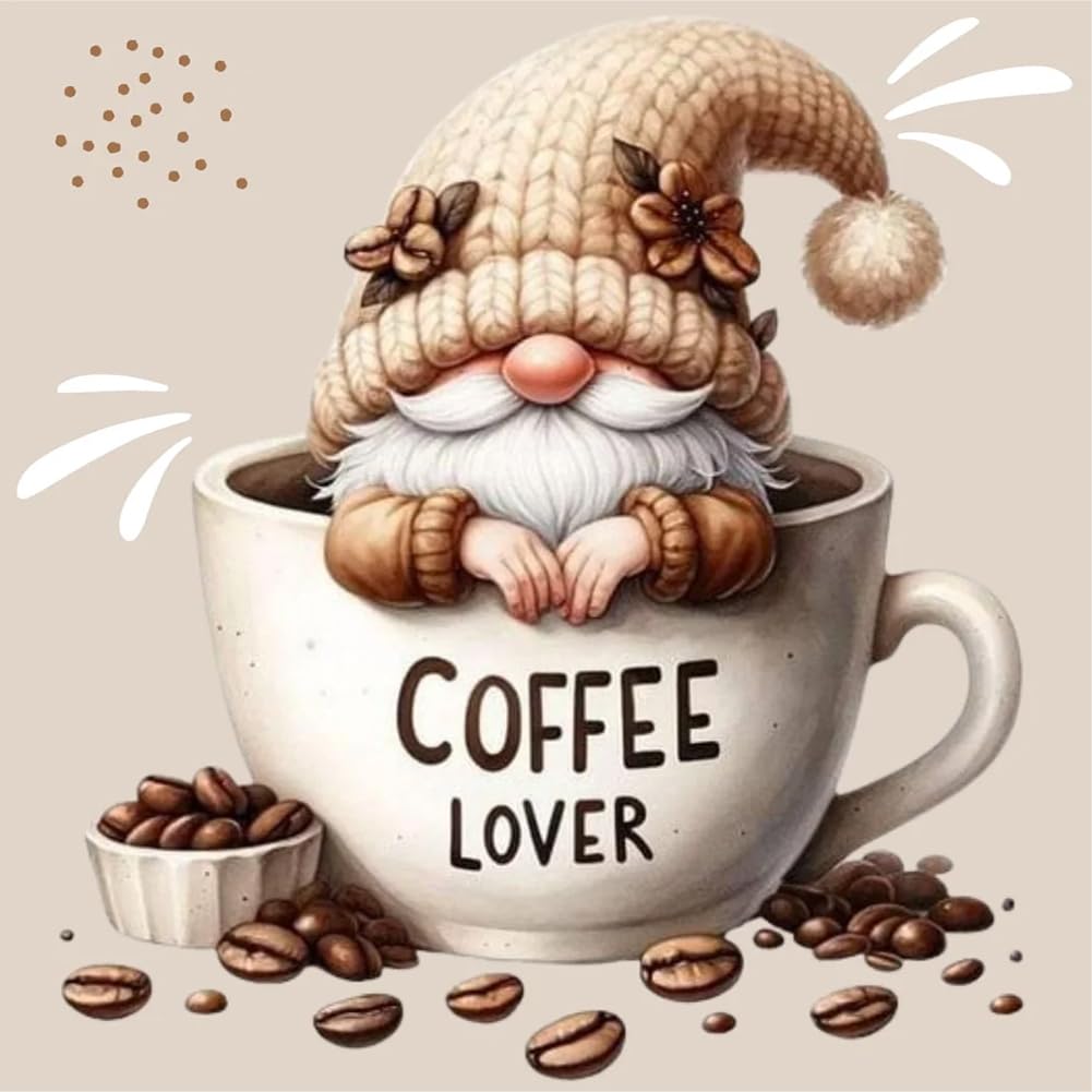 Fiorky Coffee Gnome Diamond Painting Art Kits Adults, 5D DIY Full Round Drill Diamond Painting Cartoon Coffee Gnome for Home Wall Decor