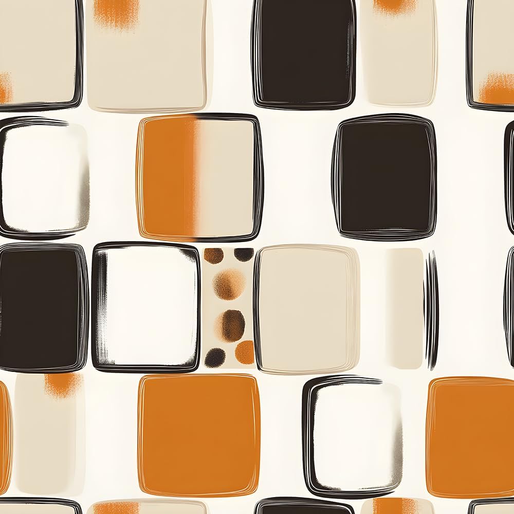 18"x236" Abstract Beige Black Orange Rectangle Shapes Peel and Stick Wallpaper Easy Peel off Contact Paper Vintage Vinyl Self Adhesive Removable Stick on Wall Paper for Kitchen Cabinet Renter Friendly