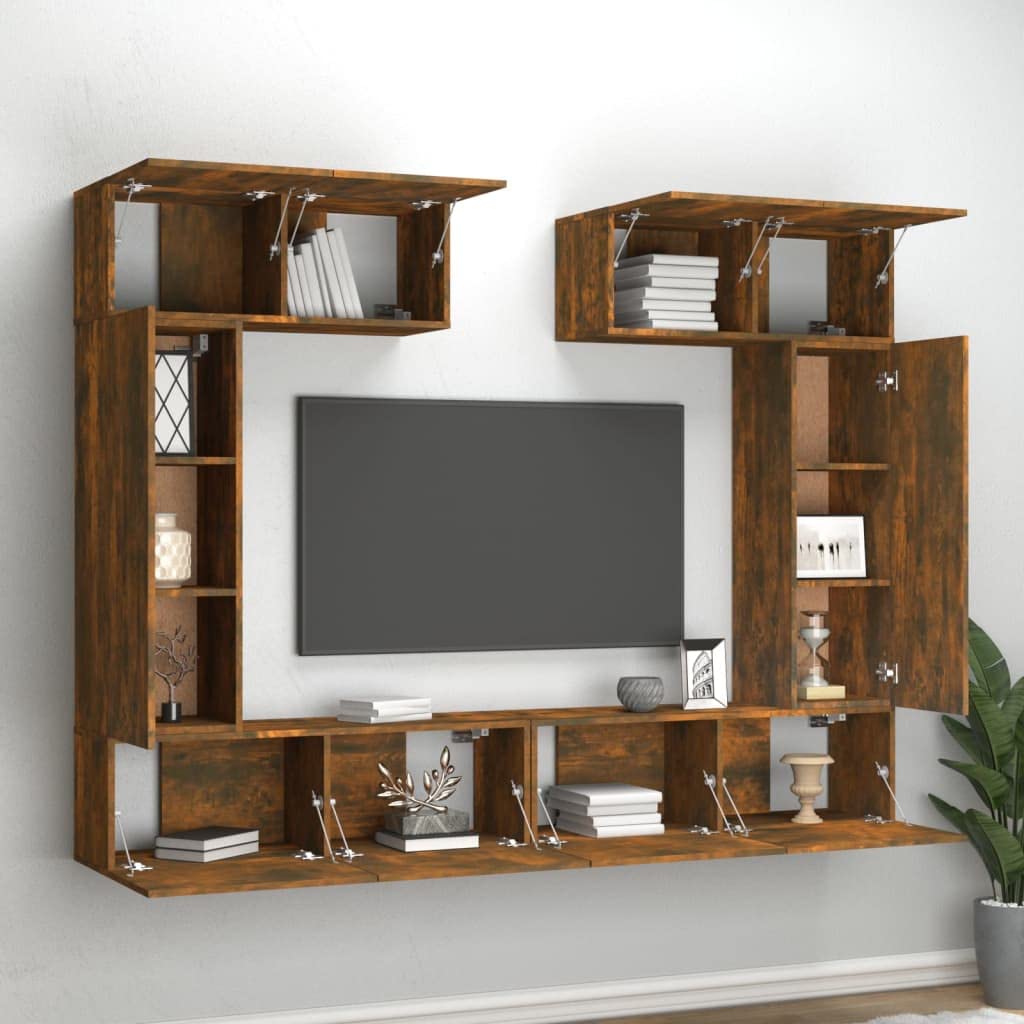 6-TLG. TV-Schrank-Set Räuchereiche Holzwerkstoff, Wandmontage, Modernes Media-Center mit Stauraum, für Wohnzimmer, Schlafzimmer