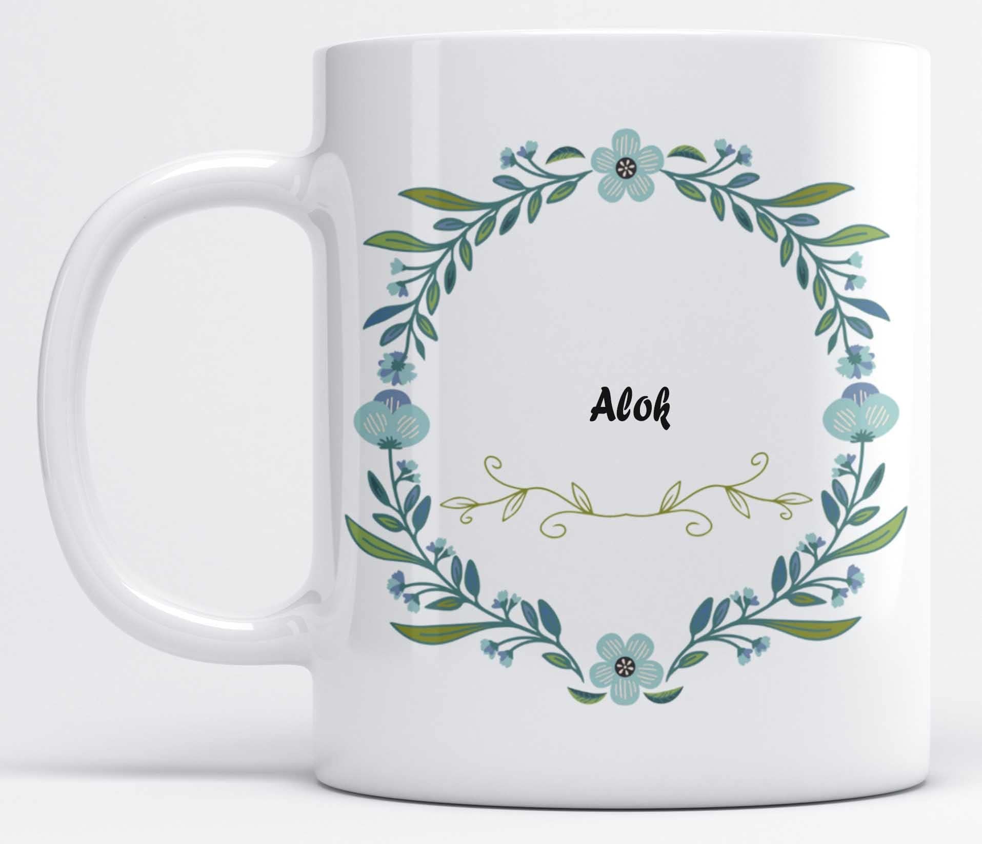 LOROFY Name Alok Printed Beautiful Blue Floral Design White Ceramic Coffee Mug (350ML)