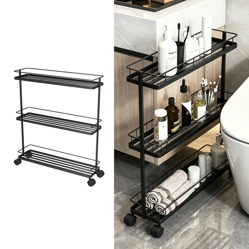 3 Tier Mobile Storage Shelf, Metal Rolling Cart with Lockable Wheels